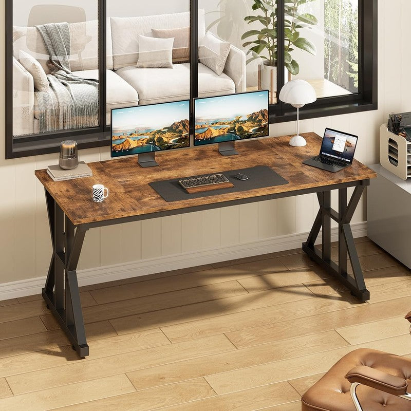 55" Large Computer Desk with Thickened Frame for H Rustic Brown - top view