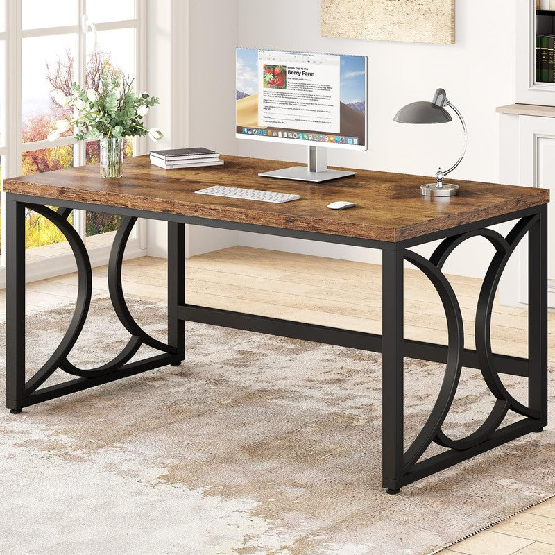 Rustic Computer Desk, 55 Inch Metal Wooden Home Of Rustic Brown - front view