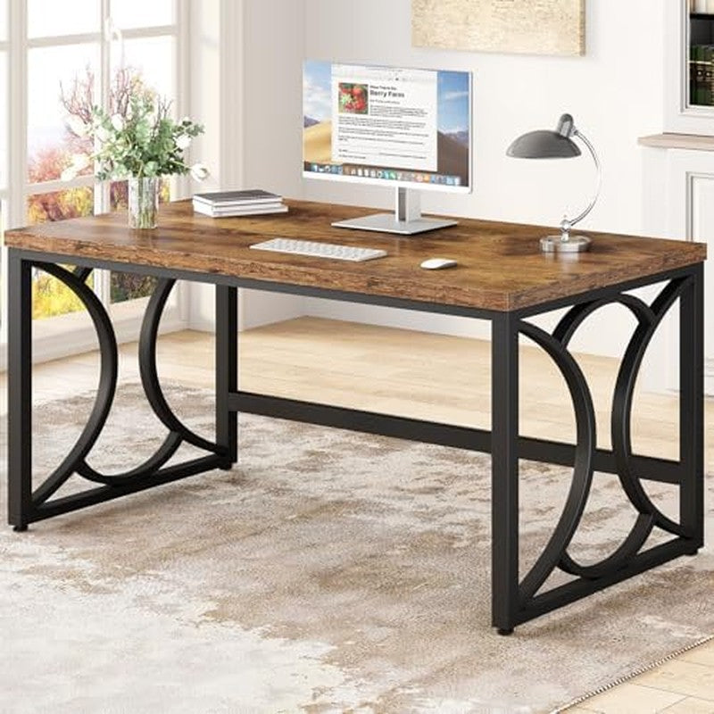 Rustic Computer Desk, 55 Inch Metal Wooden Home Of Rustic Brown - side angle