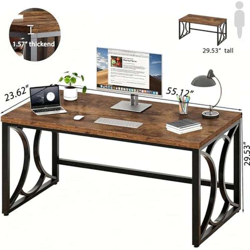 Rustic Computer Desk, 55 Inch Metal Wooden Home Of Rustic Brown - in use