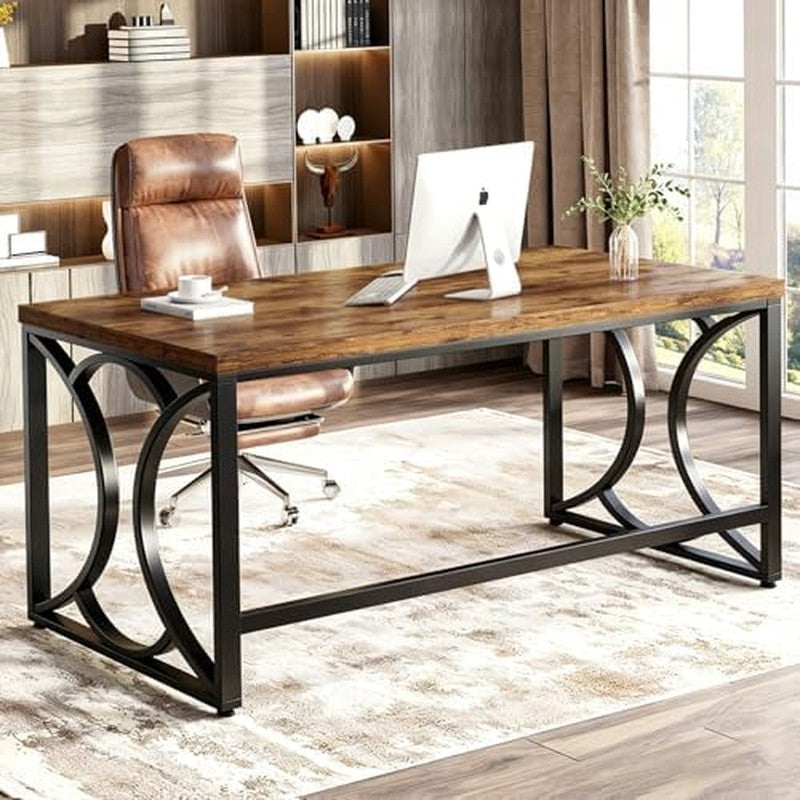 Rustic Computer Desk, 55 Inch Metal Wooden Home Of Rustic Brown - back view