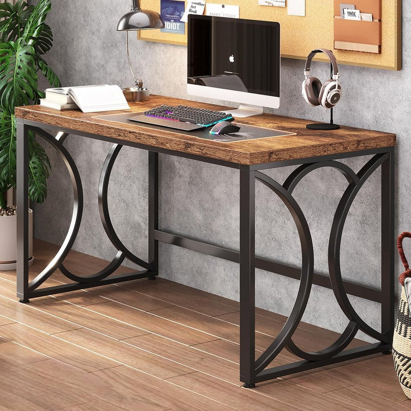 Rustic Computer Desk, 55 Inch Metal Wooden Home Of Rustic Brown - top view