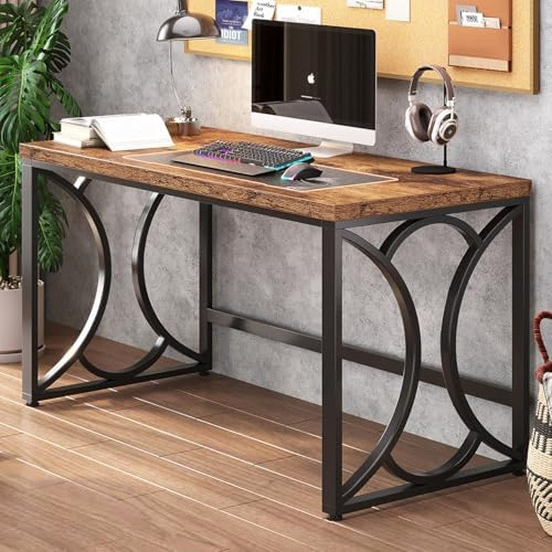Rustic Computer Desk, 55 Inch Metal Wooden Home Of Rustic Brown - color detail