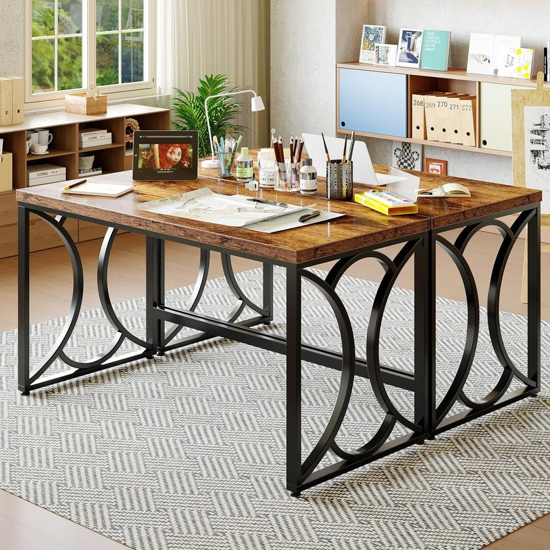 Rustic Computer Desk, 55 Inch Metal Wooden Home Of Rustic Brown - lifestyle look